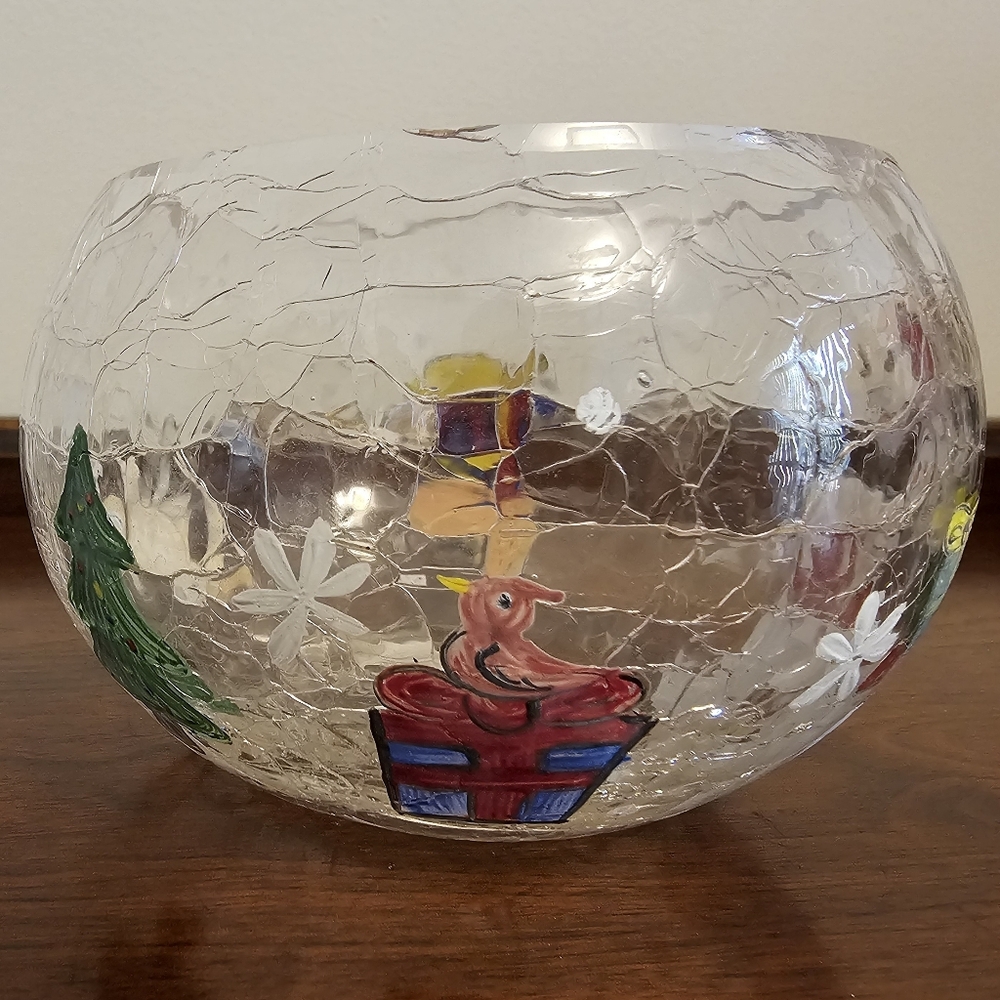 Holiday Home Decor Christmas Crackle Glass Painted Tealight Candle Holder
